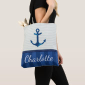 Nautical Blue Stripes Pattern Anchor Custom Name Tote Bag (Dichtbij)