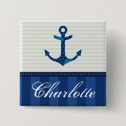 Nautical Blue Stripes Pattern Anchor Custom Name Vierkante Button 5,1 Cm (Voorkant)