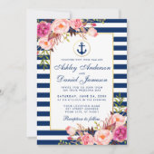 Nautical Blue Stripes Pink Floral Invite B Kaart (Voorkant)
