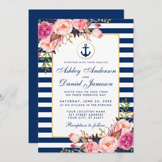 Nautical Blue Stripes Pink Floral Invite B Kaart (Voorkant / Achterkant)