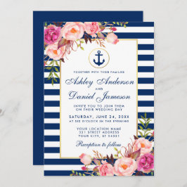 Nautical Blue Stripes Pink Floral Invite B Kaart