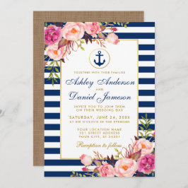 Nautical Blue Stripes Pink Floral Invite B Kaart
