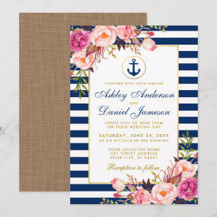 Nautical Blue Stripes Pink Floral Invite B Kaart