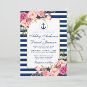 Nautical Blue Stripes Pink Floral Invite Kaart (Staand voorkant)