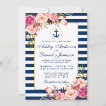 Nautical Blue Stripes Pink Floral Invite