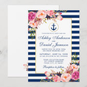Nautical Blue Stripes Pink Floral Invite W Kaart (Voorkant / Achterkant)