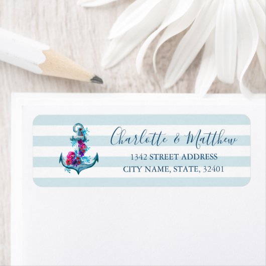 Nautical Blue Stripes Waterverf Anchor Wedding Etiket (Insitu)