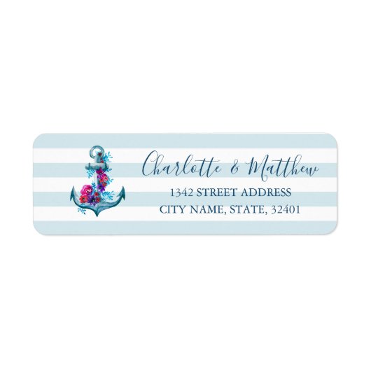 Nautical Blue Stripes Waterverf Anchor Wedding Etiket (Voorkant)
