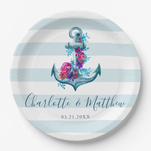 Nautical Blue Stripes Waterverf Anchor Wedding Papieren Bordje (Voorkant)