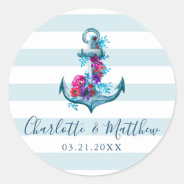 Nautical Blue Stripes Waterverf Anchor Wedding Ronde Sticker