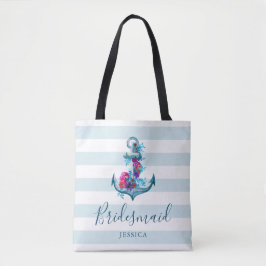 Nautical Blue Stripes Waterverf Anker Bruidsmeisje Tote Bag