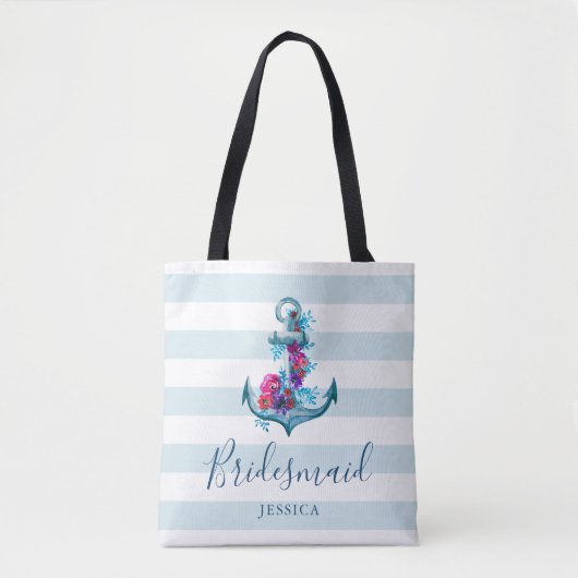 Nautical Blue Stripes Waterverf Anker Bruidsmeisje Tote Bag (Voorkant)