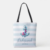 Nautical Blue Stripes Waterverf Anker Bruidsmeisje Tote Bag (Achterkant)