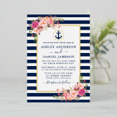 Nautical Blue Stripes Waterverf Pink Floral Gold Folie Uitnodiging (Staand Voorkant)