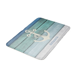 Nautical Blue Turquoise Distress Wood Anchor Badmat