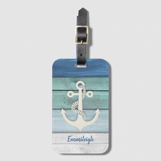 Nautical Blue Turquoise Distress Wood Anchor Bagagelabel (Voorkant (verticaal))