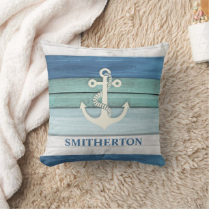 Nautical Blue Turquoise White Anchor Ocean Beach Kussen