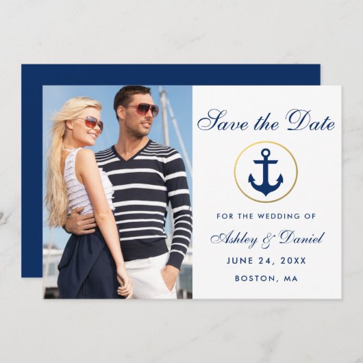 Nautical Blue van het huwelijk sparen de Datum Fot Save The Date (Voorkant / Achterkant)