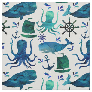Nautical Blue Waterverf Octopus Shark Stof