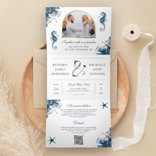 Nautical Blue Waterverf Seahorse QR Code Weddensch Drieluik Uitnodiging