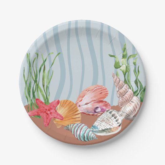 Nautical Blue Waterverf Seashell Beach Weddenschap Papieren Bordje (Voorkant)