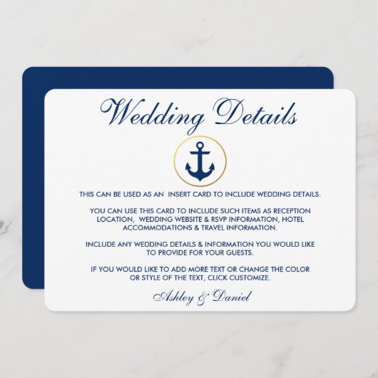 Nautical Blue Wedding Details Invoegen Kaart (Voorkant / Achterkant)