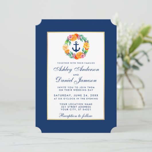Nautical Blue Wedding Floral Uitnodiging B (Staand voorkant)