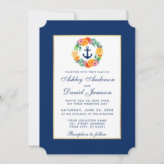 Nautical Blue Wedding Floral Uitnodiging B (Voorkant)