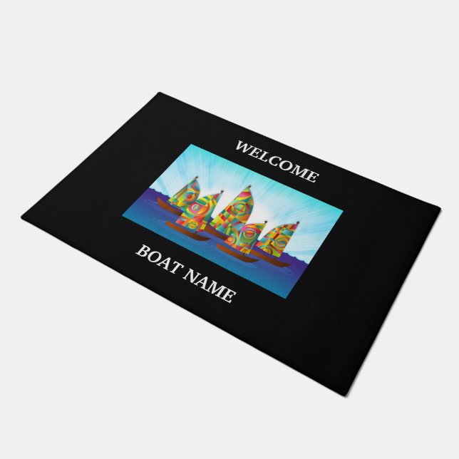 Nautical Blue Welcome Boat Name Stripe personalise Deurmat (Schuin)