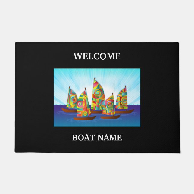 Nautical Blue Welcome Boat Name Stripe personalise Deurmat (Voorkant)