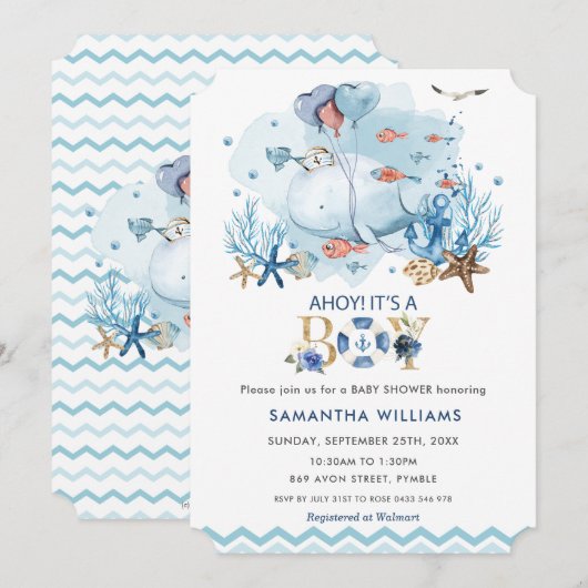 Nautical Blue Whale Ahoy Het is een Jongen Baby sh Kaart (Voorkant / Achterkant)