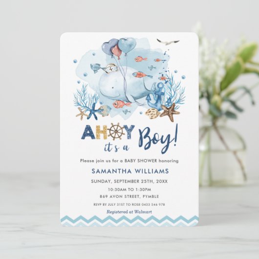 Nautical Blue Whale Ahoy Het is een Jongen Baby sh Kaart (Staand voorkant)