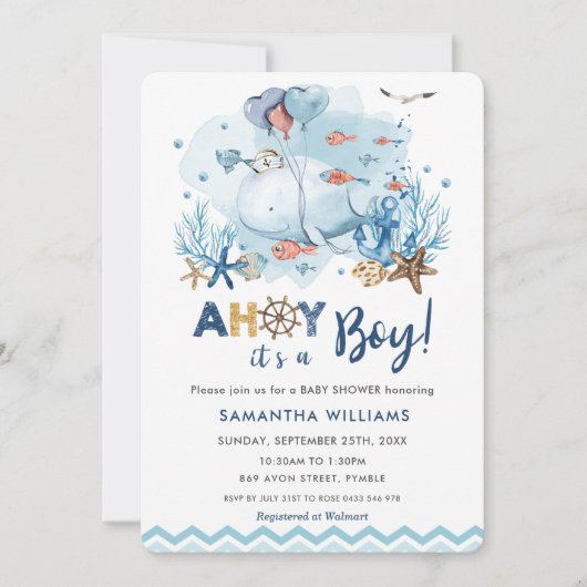 Nautical Blue Whale Ahoy Het is een Jongen Baby sh Kaart (Voorkant)