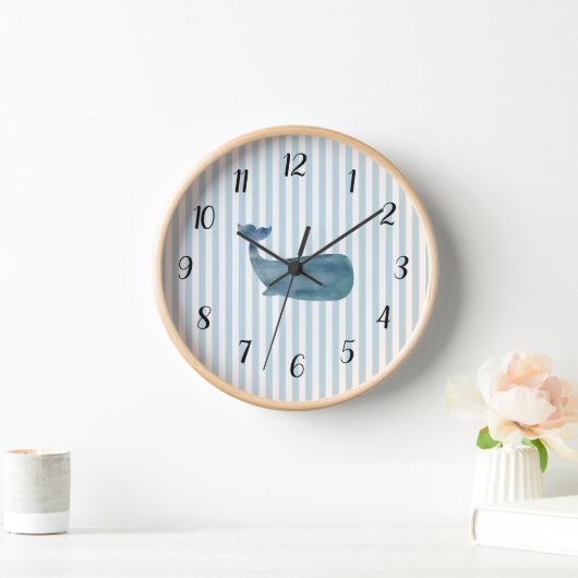 Nautical Blue Whale Stripe Preppy Large Clock (Huis)