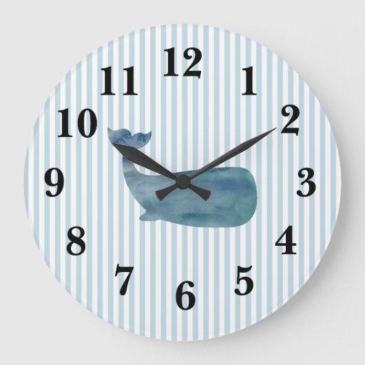 Nautical Blue Whale Stripe Preppy Large Clock Grote Klok (Voorkant)