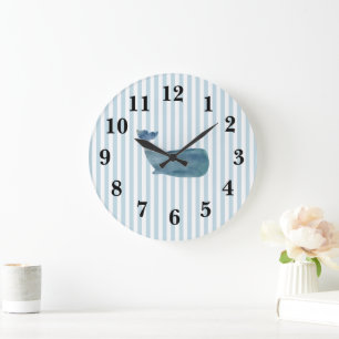 Nautical Blue Whale Stripe Preppy Large Clock Grote Klok