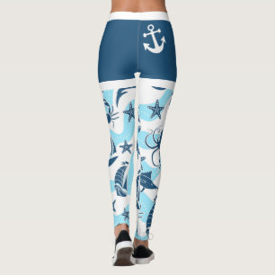 Nautical Blue White Anchor Sailboat Zee Life Beach Leggings