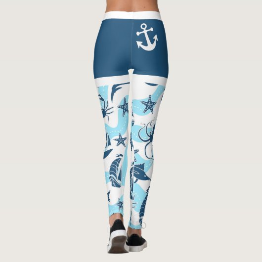 Nautical Blue White Anchor Sailboat Zee Life Beach Leggings (Achterkant)