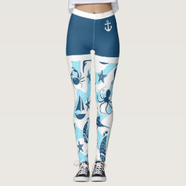 Nautical Blue White Anchor Sailboat Zee Life Beach Leggings