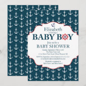 Nautical Blue & White Anchors Boys Baby shower Kaart (Voorkant / Achterkant)