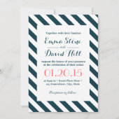 Nautical Blue & White Diagonal Stripes Wedding Kaart (Voorkant)