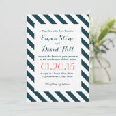 Nautical Blue & White Diagonal Stripes Wedding Kaart (Staand voorkant)