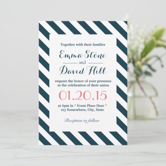 Nautical Blue & White Diagonal Stripes Wedding Kaart (Staand voorkant)