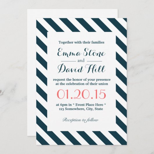 Nautical Blue & White Diagonal Stripes Wedding Kaart (Voorkant / Achterkant)