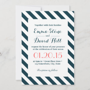 Nautical Blue & White Diagonal Stripes Wedding Kaart