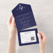 Nautical Blue & White Modern QR Code All In One Uitnodiging (Afscheurbaar)