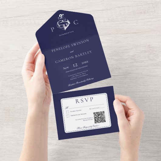Nautical Blue & White Modern QR Code All In One Uitnodiging (Afscheurbaar)