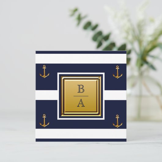 Nautical Blue White Stripe Anchor Rehearsal Dinner Kaart (Staand voorkant)