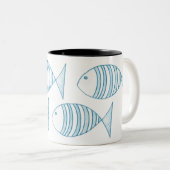 Nautical Blue White Stripe Fish Tweekleurige Koffiemok (Voorkant rechts)
