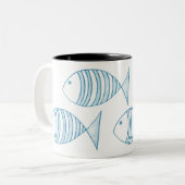 Nautical Blue White Stripe Fish Tweekleurige Koffiemok (Voorkant links)